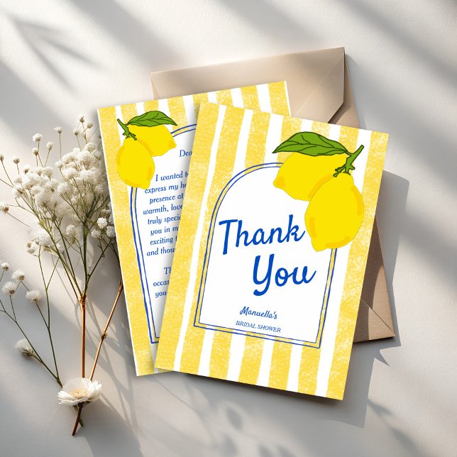 Carte De Remerciements Dolce vita citrons jaunes douche de mariée italien (Dolce vita handrawn yellow stripes Lemons Italian bridal shower Thank You Cards)