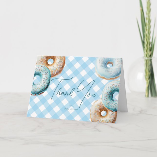 Carte De Remerciements Donut | Baby shower Garçon En vichy bleu (Devant)
