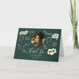 Carte De Remerciements Doodle de diplôme avec Graduate Photo Green