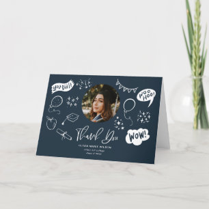 Carte De Remerciements Doodle de graduation avec photo Graduate bleu mari