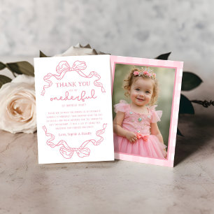 Carte De Remerciements Doodle Pink Bow Baby Girl 1er anniversaire Photo