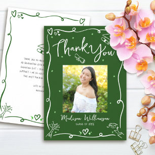 Carte De Remerciements Doodles Dessinés à la Main Vert Photo Graduation D