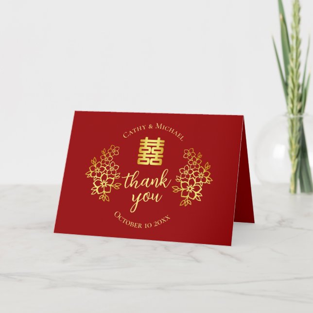 Carte De Remerciements Double bonheur rouge mariage chinois fleuri (Devant)