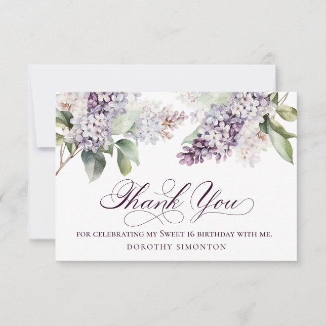 Carte De Remerciements Douce 16 Anniversaire Purple Lilac Fleur de printe (Devant)
