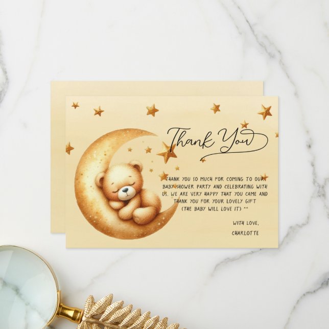 Carte De Remerciements Douce aquarelle ours endormi sur la lune Baby Show (Devant/Arrière en situation)