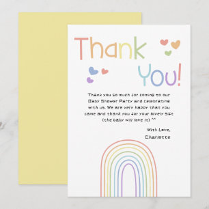 Carte De Remerciements Douce Arc-en-ciel Coloré avec Coeurs Baby Shower
