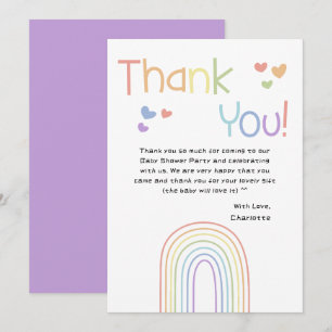 Carte De Remerciements Douce Arc-en-ciel Coloré avec des Cœurs pour une B