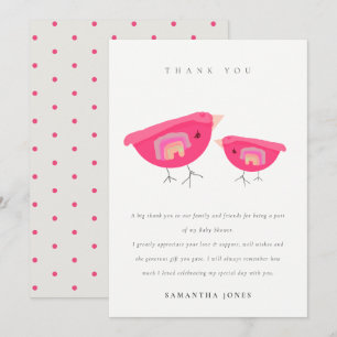 Carte De Remerciements Douce Baby Shower Arc-en-Ciel Rose Oiseau Dessiné