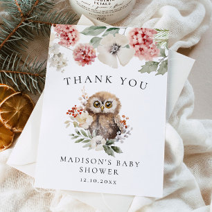 Carte De Remerciements Douce Baby Shower Hiver Chouette Aquarelle