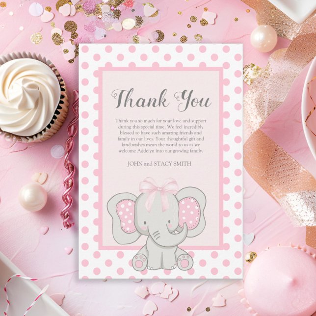 Carte De Remerciements Douce Éléphant Rose Points de Bébé Fille Douche  (Cute pink and white polka dot baby girl elephant baby shower Thank You card.)