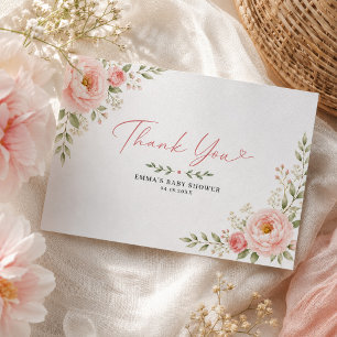 Carte De Remerciements Douce Fête de Bébé aux Fleurs Pastel Rose