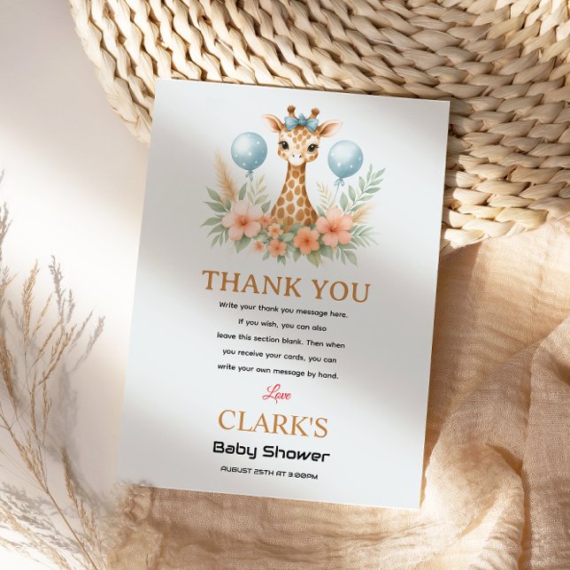 Carte De Remerciements Douce Fête de Naissance de Bébé Girafe Garçon | Sa (Créateur téléchargé)