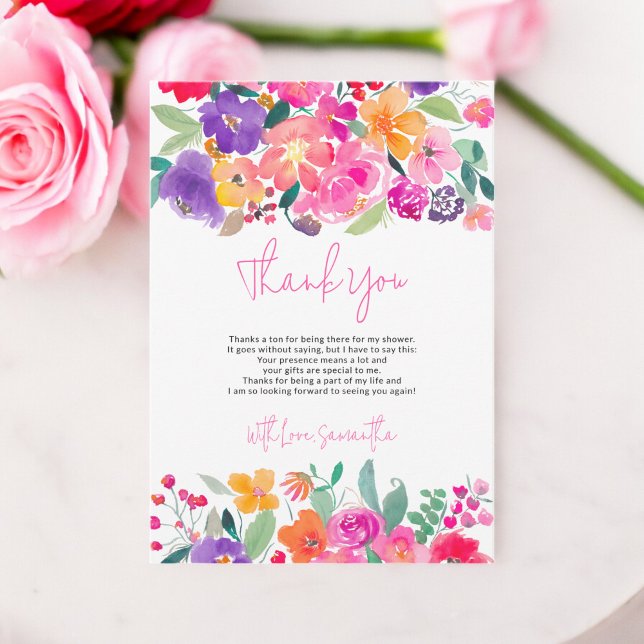 Carte De Remerciements Douce fête prénuptiale aquarelle florale rose vif  (Bold bright pink floral watercolor bridal shower thank you card)