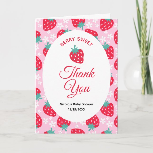Carte De Remerciements Douce Fête Rose Bébé aux Fraises (Devant)