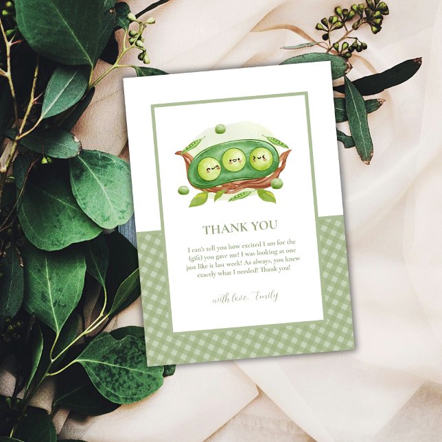 Carte De Remerciements Douce Fleur de Pois de Senteur dans une Cosse Baby (Cute Gingham Greenery Sweet Pea In Pod Baby Shower Thank You Card)
