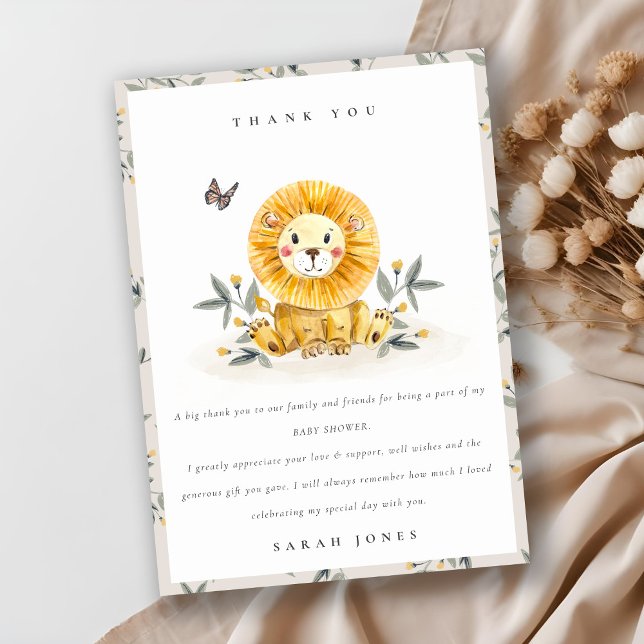 Carte De Remerciements Douce forêt aquarelle Lion Feuillage Baby Shower (Créateur téléchargé)