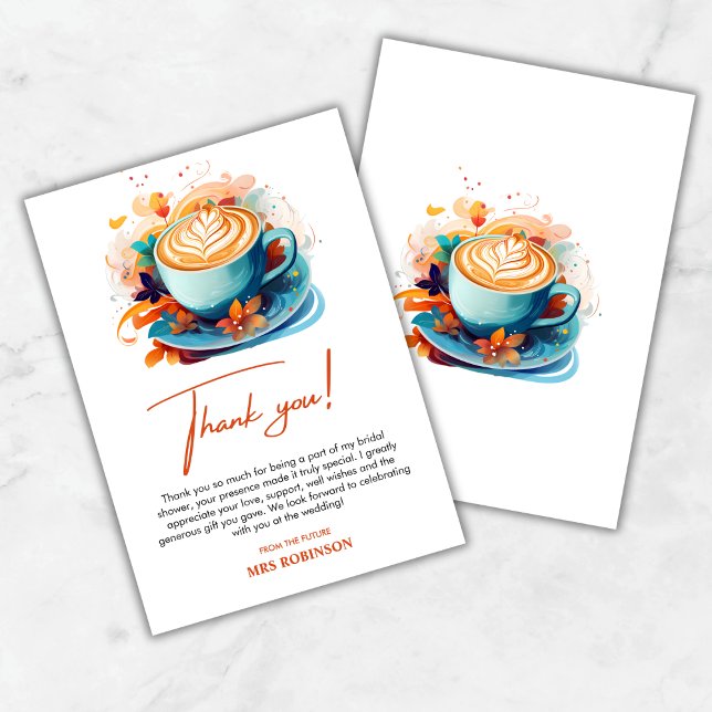 Carte De Remerciements Douce Mariée Fleurie Bleue l'Amour se Prépare Café (Blue Floral Love is Brewing Coffee Bridal Shower Thank You Card )