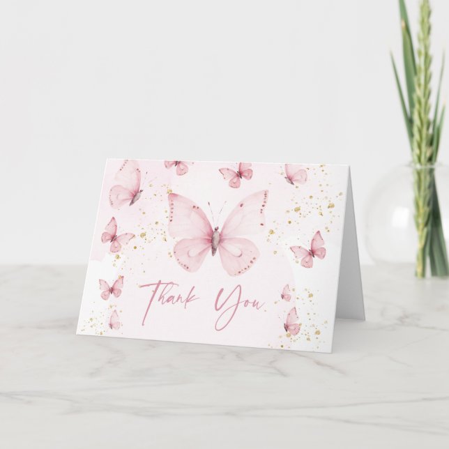 Carte De Remerciements Douce Mariée Papillons Rose Or  (Devant)