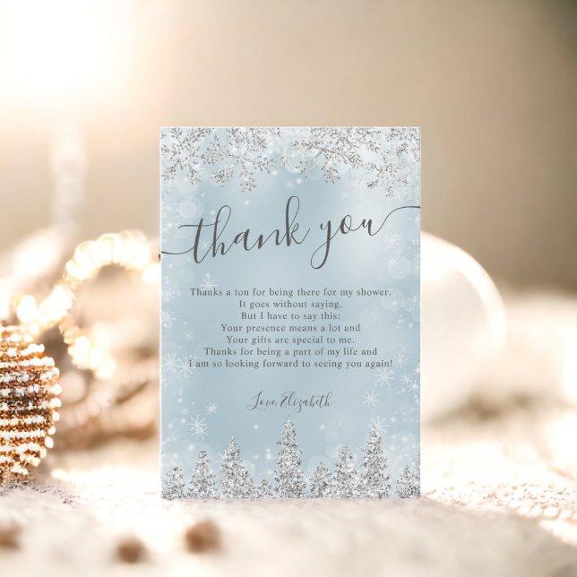 Carte De Remerciements Douce neige bleue givrée sapin hiver enterrement d (Silver ice blue snow pine winter bridal shower thank you card)
