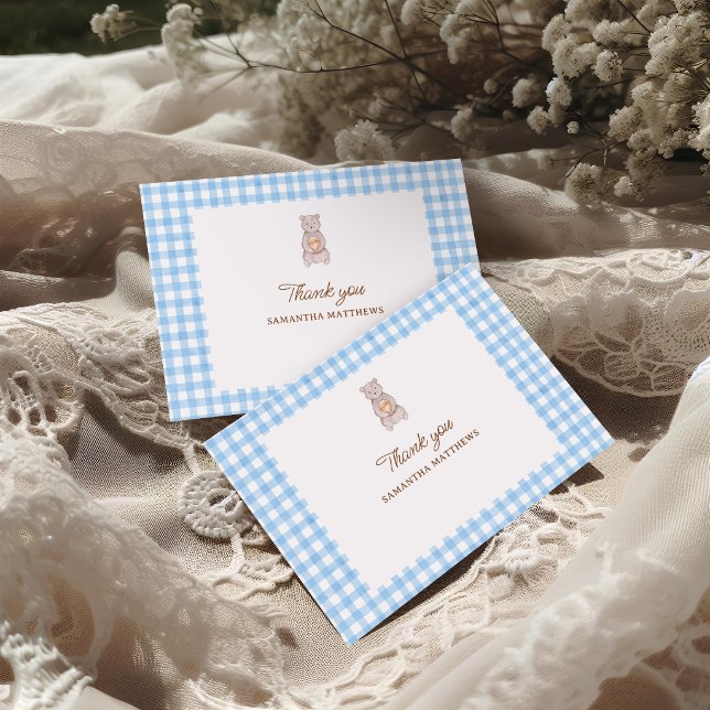 Carte De Remerciements Douce Ourse Bleu Gingham Baptême Bébé Aquarelle (Rustic Bear Blue Gingham Boy Baby Shower Thank You Card)
