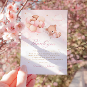 Carte De Remerciements Douce Ourson en aquarelle rose Fille Baby Shower 
