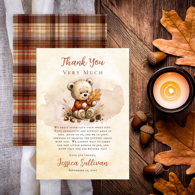 Carte De Remerciements Douce Oursonnette Fête de Bébé à l'Aquarelle (Cozy Little Cub baby shower thank you card with watercolor teddy bear)