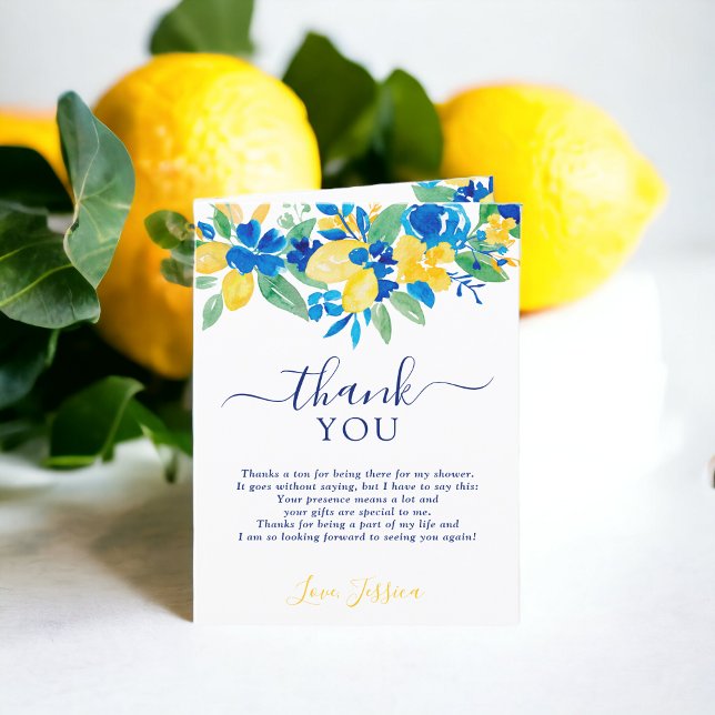 Carte De Remerciements Douce robe de mariée florale aquarelle jaune bleu  (Blue yellow lemons floral watercolor bridal shower thank you card)