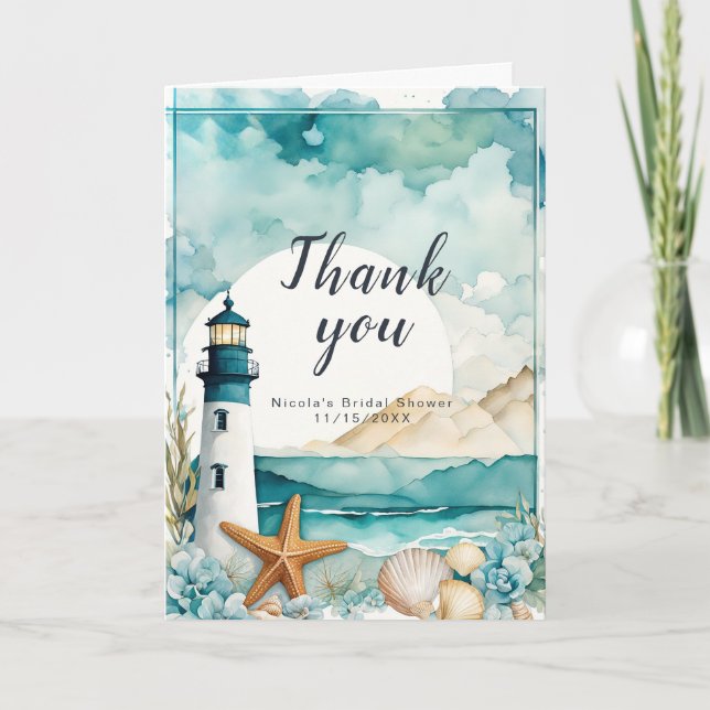 Carte De Remerciements Douce soirée de mariage thème phare nautique (Devant)