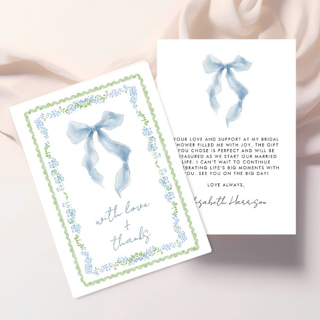 Carte De Remerciements Douche de Mariage Élégante à l'Arceau Bleu Aquarel (Elegant Blue Bow Watercolor Bridal Shower Thank You Card)