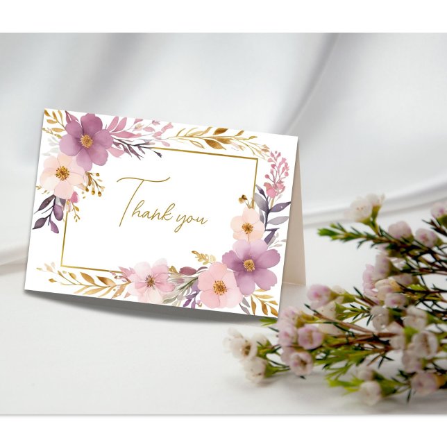 Carte De Remerciements Douche de Mariage Fleurie Aquarelle Rose Violet Or (Pink purple gold watercolor floral bridal shower wedding thank you card)