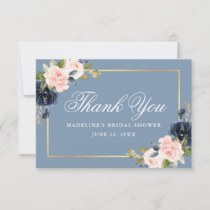 Carte De Remerciements Douche de Mariée Élégante Bleu Poussiéreux Rose Fl
