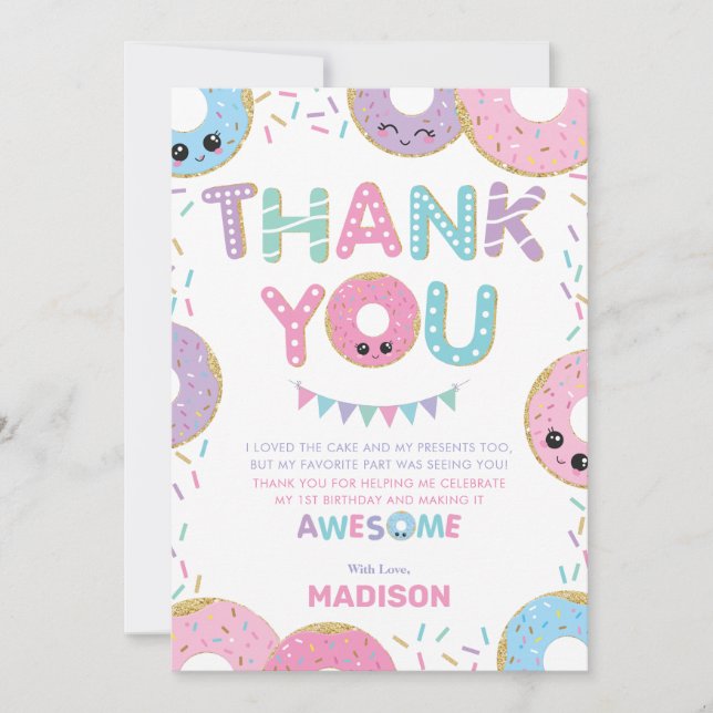 Carte De Remerciements Doughnut mignonne arroses fête d'anniversaire (Devant)