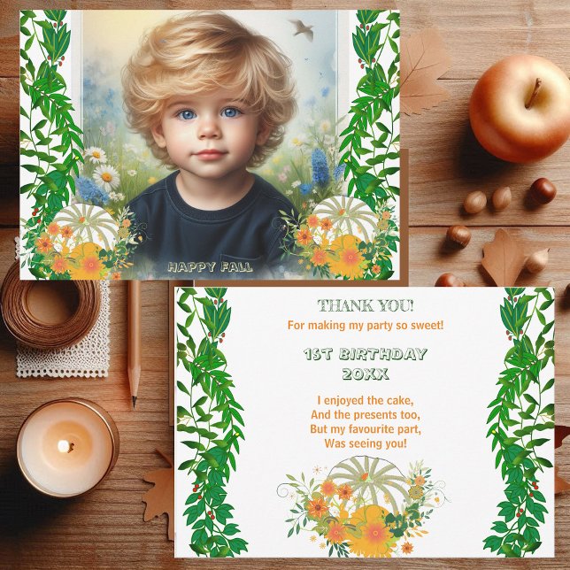 Carte De Remerciements Doux Petite verdure Citrouille Automne Couleurs An (Sweet Little Pumpkin Greenery Fall Colors Birthday Thank You Card)