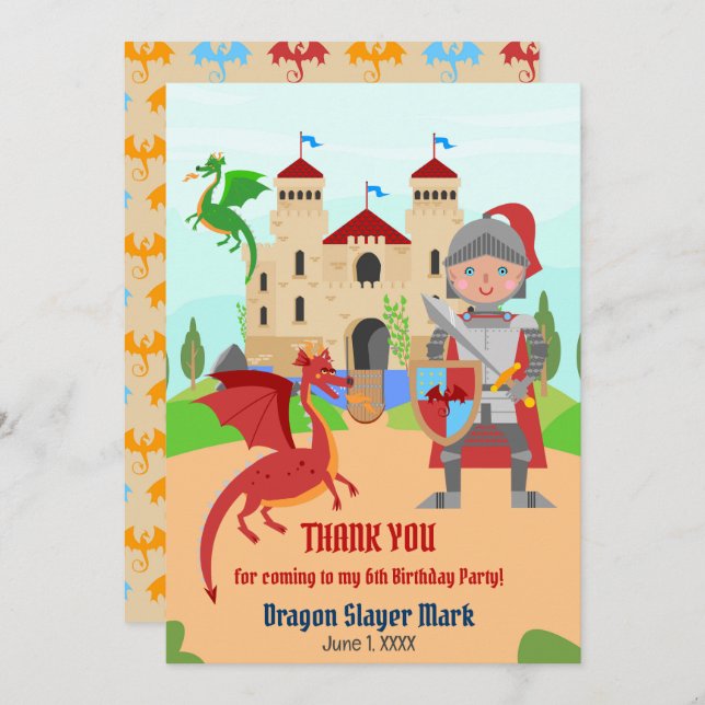 Carte De Remerciements Dragon Slayer Knight Boy fête d'anniversaire (Devant / Derrière)