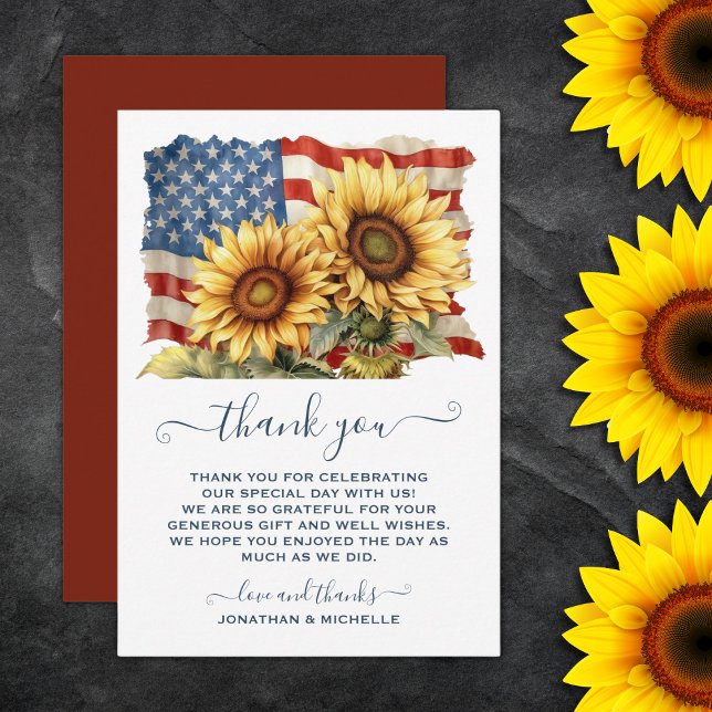 Carte De Remerciements Drapeau américain patriotique Mariage de tournesol (Patriotic American Flag Sunflower Wedding Thank You Card)