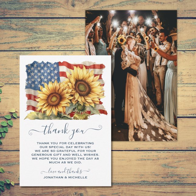 Carte De Remerciements Drapeau américain patriotique Tournesol Mariage PH (Patriotic American Flag Sunflower Wedding PHOTO Thank You Card)