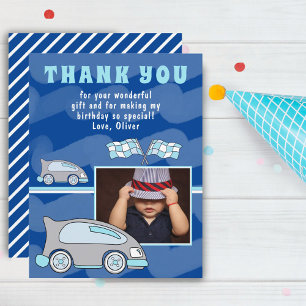 Carte De Remerciements Drapeau Bleu de Voiture de Course Photo Anniversai