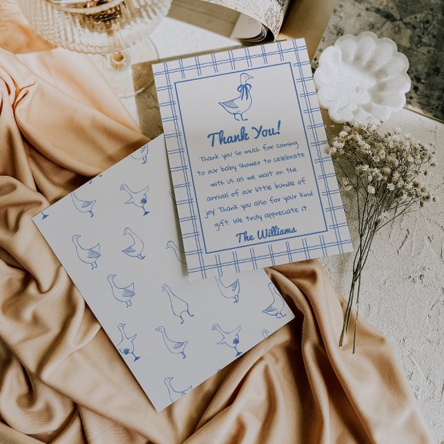 Carte De Remerciements Drawn Goose Gingham Blue Classic Boy Baby Shower (Créateur téléchargé)