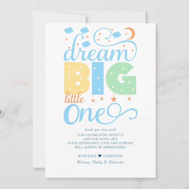 Carte De Remerciements Dream Big Little One Blue Baby Boy 1er anniversair (Devant)