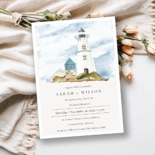 Carte De Remerciements Dusky Aqua Blue Lighthouse Mountain Wedding Invita