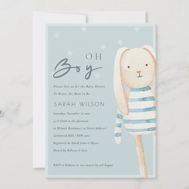 Carte De Remerciements Dusky Blue Grey Bunny Oh Boy Baby shower Invitatio (Devant)