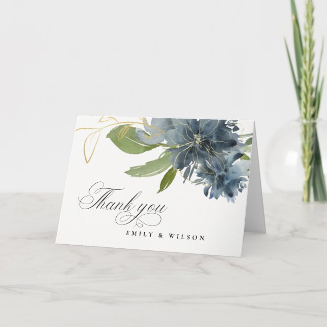 CARTE DE REMERCIEMENTS DUSKY BLUE OR VERT MARIAGE D'EAU FLORALE (Devant)