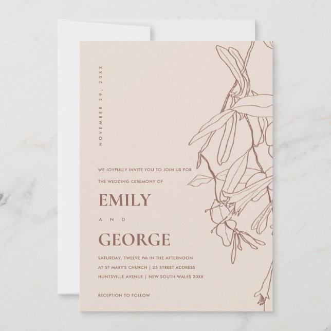 CARTE DE REMERCIEMENTS DUSKY BLUSH LINE DESIGN FLORAL MARIAGE INVITE (Devant)