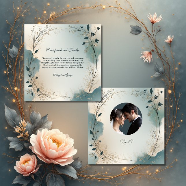 Carte De Remerciements Dusty Blue Beige Boho foliage wreath Wedding photo (Créateur téléchargé)