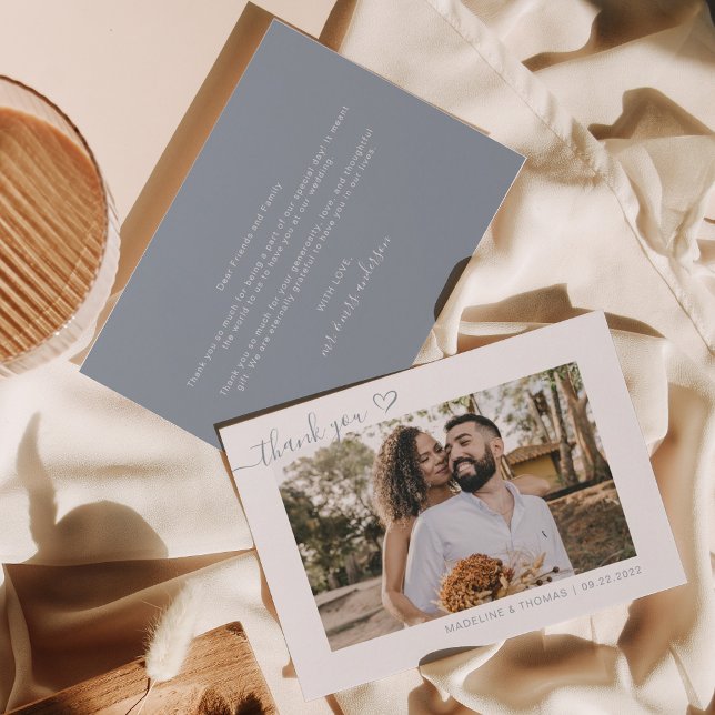 Carte De Remerciements Dusty Blue Boho Simple Photo Heart Script Mariage (Créateur téléchargé)