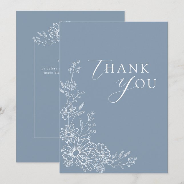 Carte De Remerciements Dusty Blue Chic Botanical Daisy Garden Wedding (Devant / Derrière)