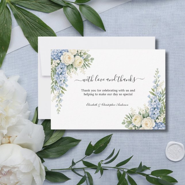 Carte De Remerciements Dusty Blue Cream Floral Greenery Wedding (Dusty Blue, cream and white watercolor florals wedding thank you cards. Personalized)