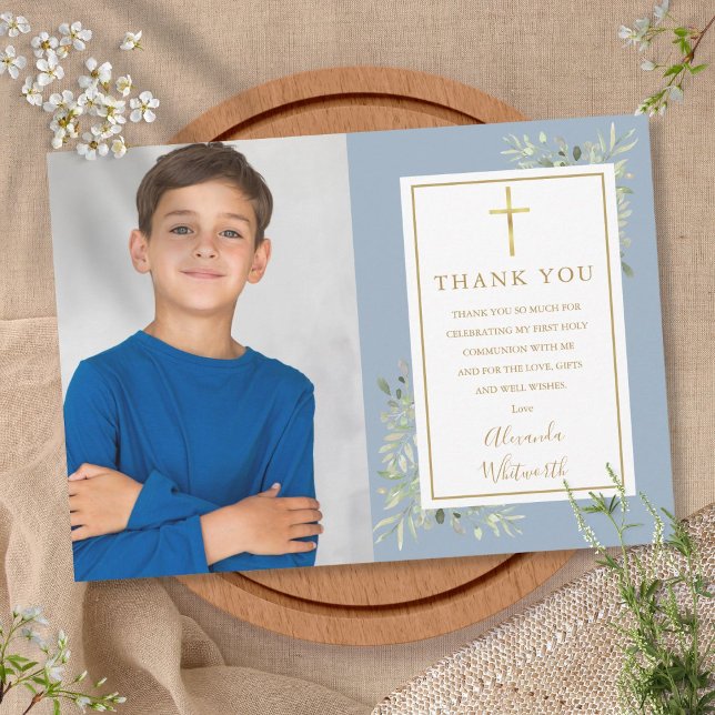 Carte De Remerciements Dusty Blue First Holy Communion Green Photo (Créateur téléchargé)