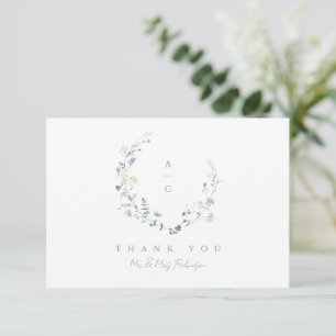 Carte De Remerciements Dusty Blue Fleur sauvage Rustic Boho Mariage monog