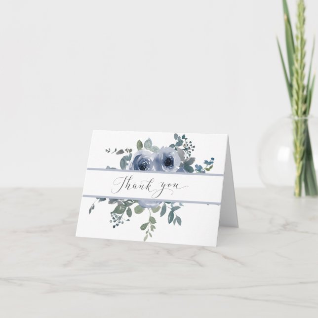 Carte De Remerciements Dusty Blue Floral and Grey Wedding Thank You Card (Devant)